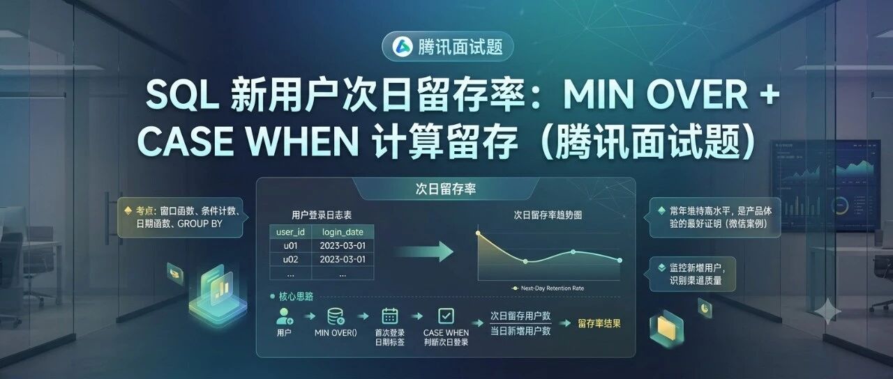 SQL 新用户次日留存率：MIN OVER + CASE WHEN 计算留存（腾讯面试题）