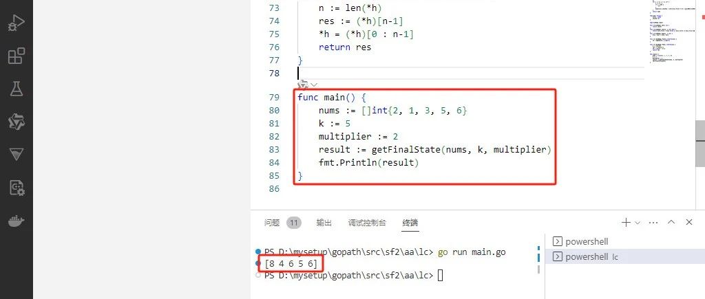 2025-04-01：K 次乘运算后的最终数组Ⅰ。用go语言，给定一个整数数组 nums、一个整数 k 和一个乘数 multip