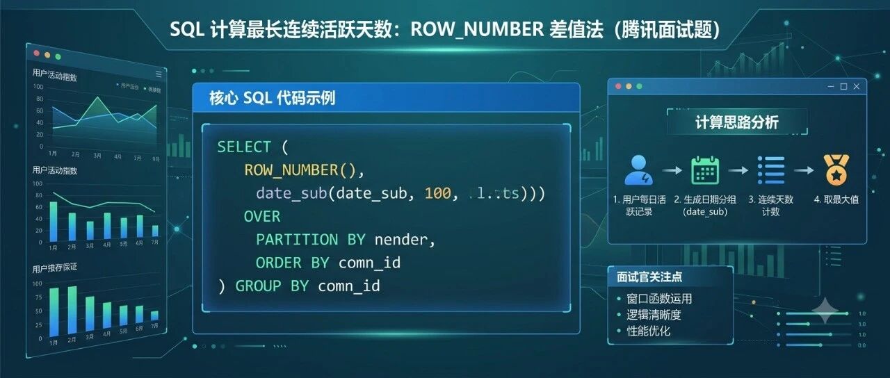 SQL 每个用户最长连续活跃天数：连续问题经典解法（腾讯面试题）