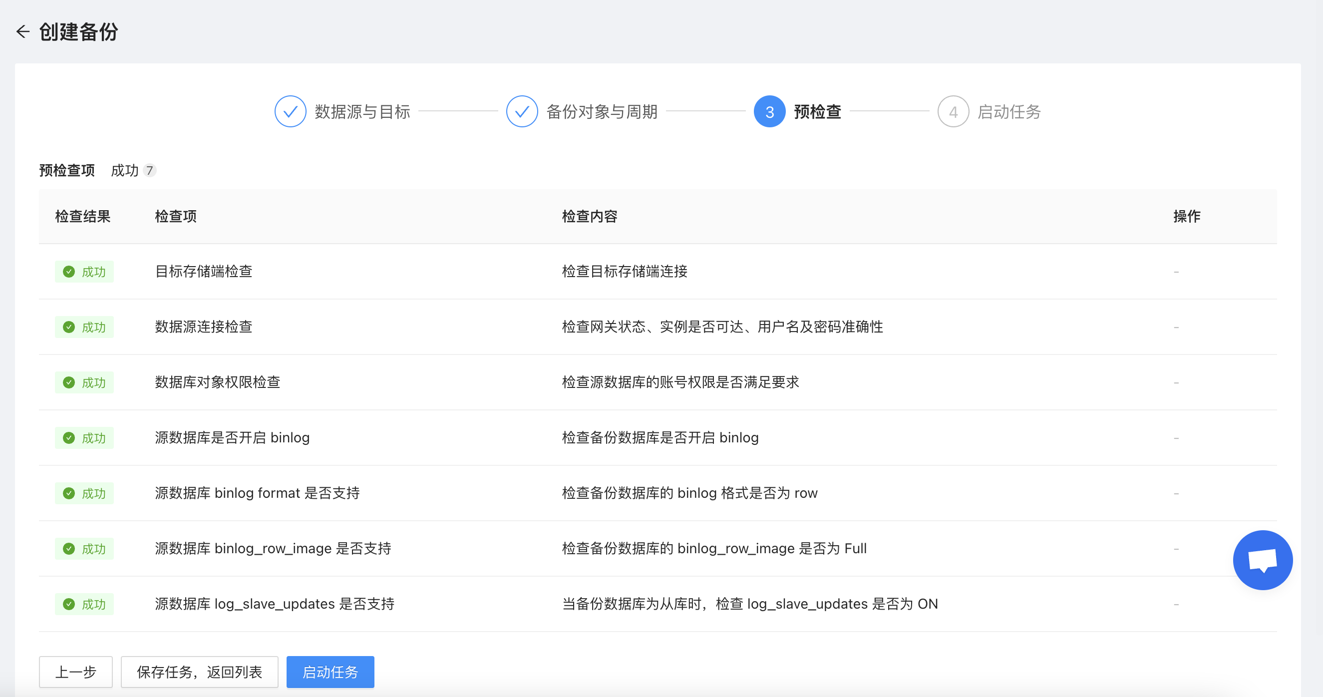 NineData 创建备份的预检查页面