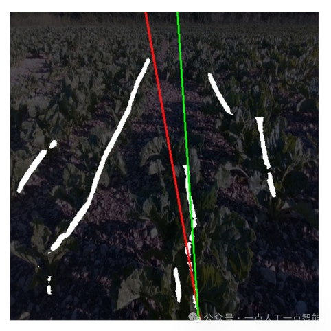图9 预测不佳的裁剪行掩码示例。（红线）来自锚点扫描的中心作物行预测和来自预定义锚点的中央作物行预测（绿线）。