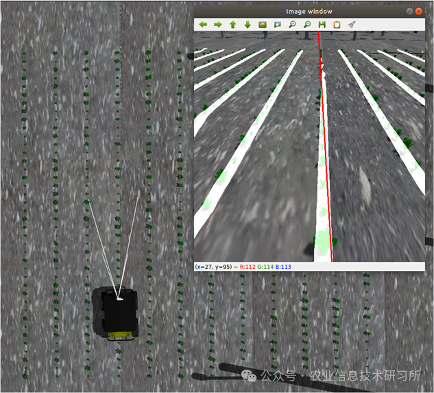 图11 用于视觉伺服的模拟甜菜田（右上：机器人摄像头视图与U-Net预测和TSM输出叠加）。TSM，三角形扫描法。