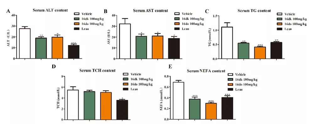 图4. 化合物 16dk 和 16do 对小鼠血清中谷丙转氨酶(ALT)，谷草转氨酶(AST)，甘油三酯(TG)，总胆固醇(TCH)，和游离脂肪酸(NEFA)含量的影响（图片来源：《European Journal of Medicinal Chemistry》）