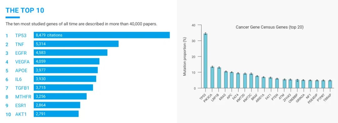 图 1 左：截至 2017 年，PubMed 数据库中研究最多的基因列表[1]  图 1 右：癌症患者群体中重要基因组的流行病学加权基因突变比例[2]