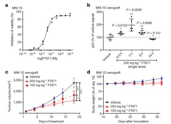 图4. USP7抑制剂FT671的体内抑癌实验结果（图片来源《Nature》）