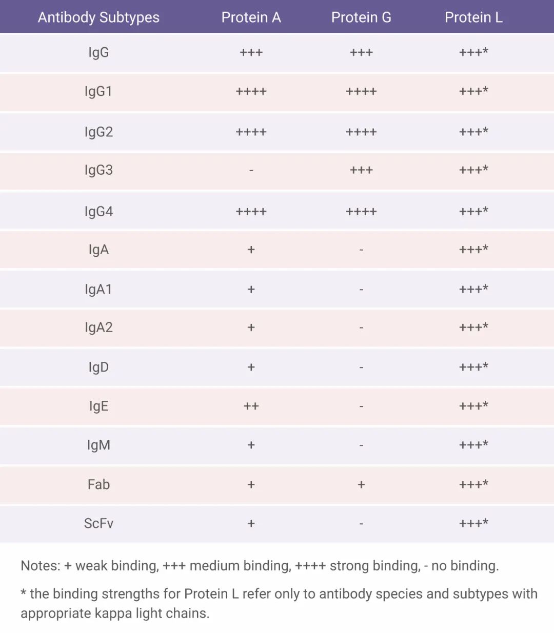 图 2. 人源抗体与 Protein A、Protein G、Protein L 结合能力对照表