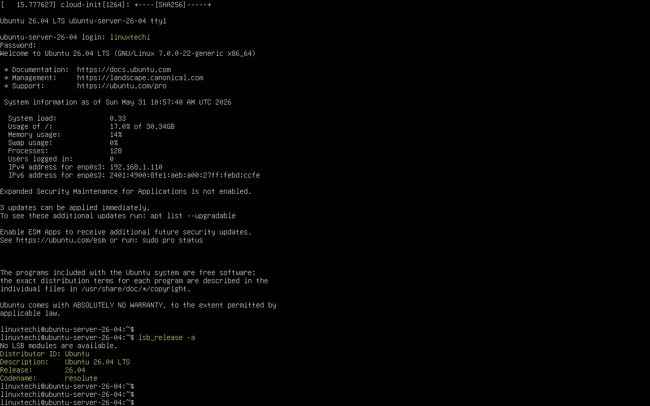 Ubuntu Server 26.04 安装后的登录屏幕