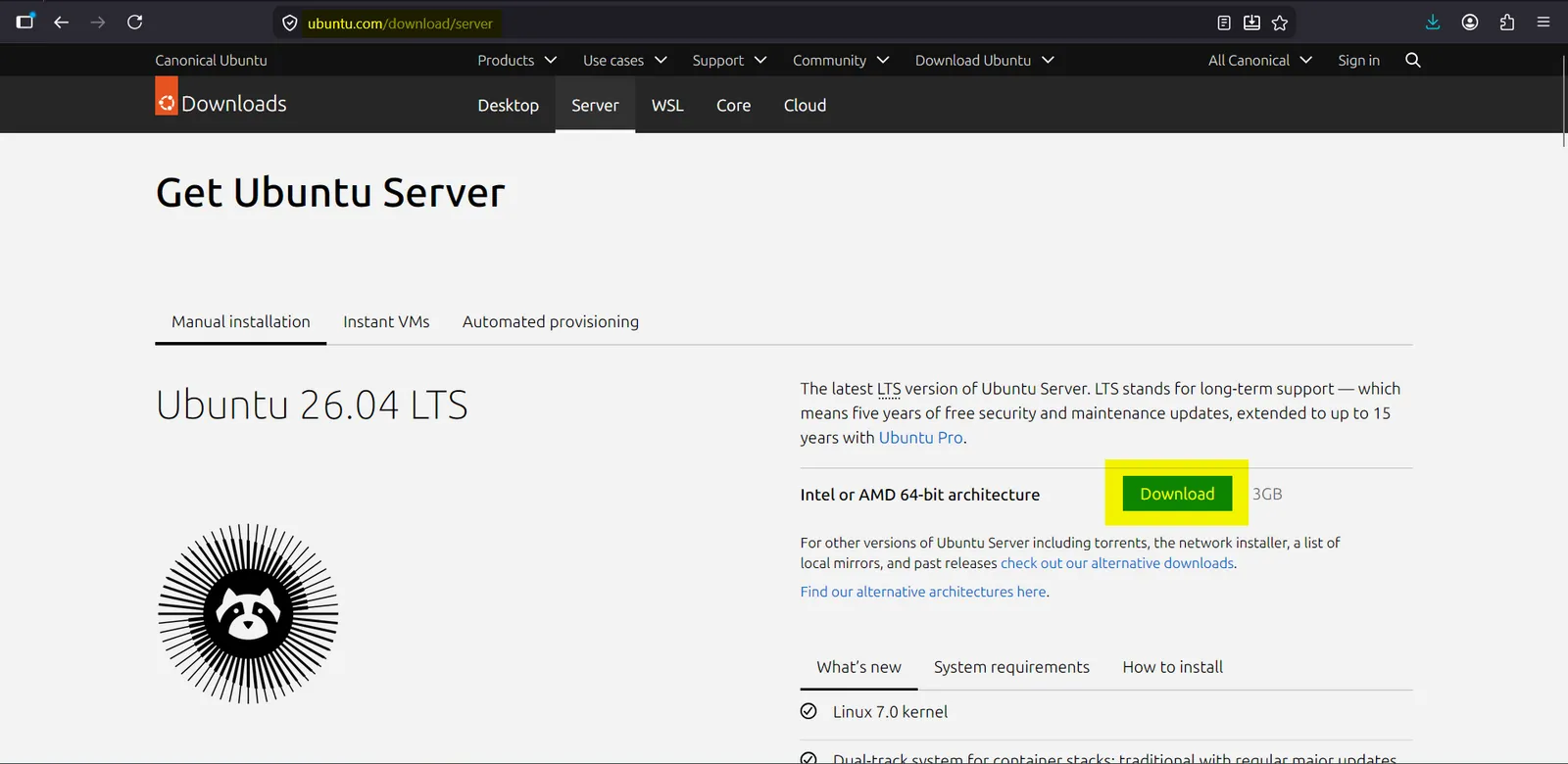 下载 Ubuntu Server 26.04 LTS