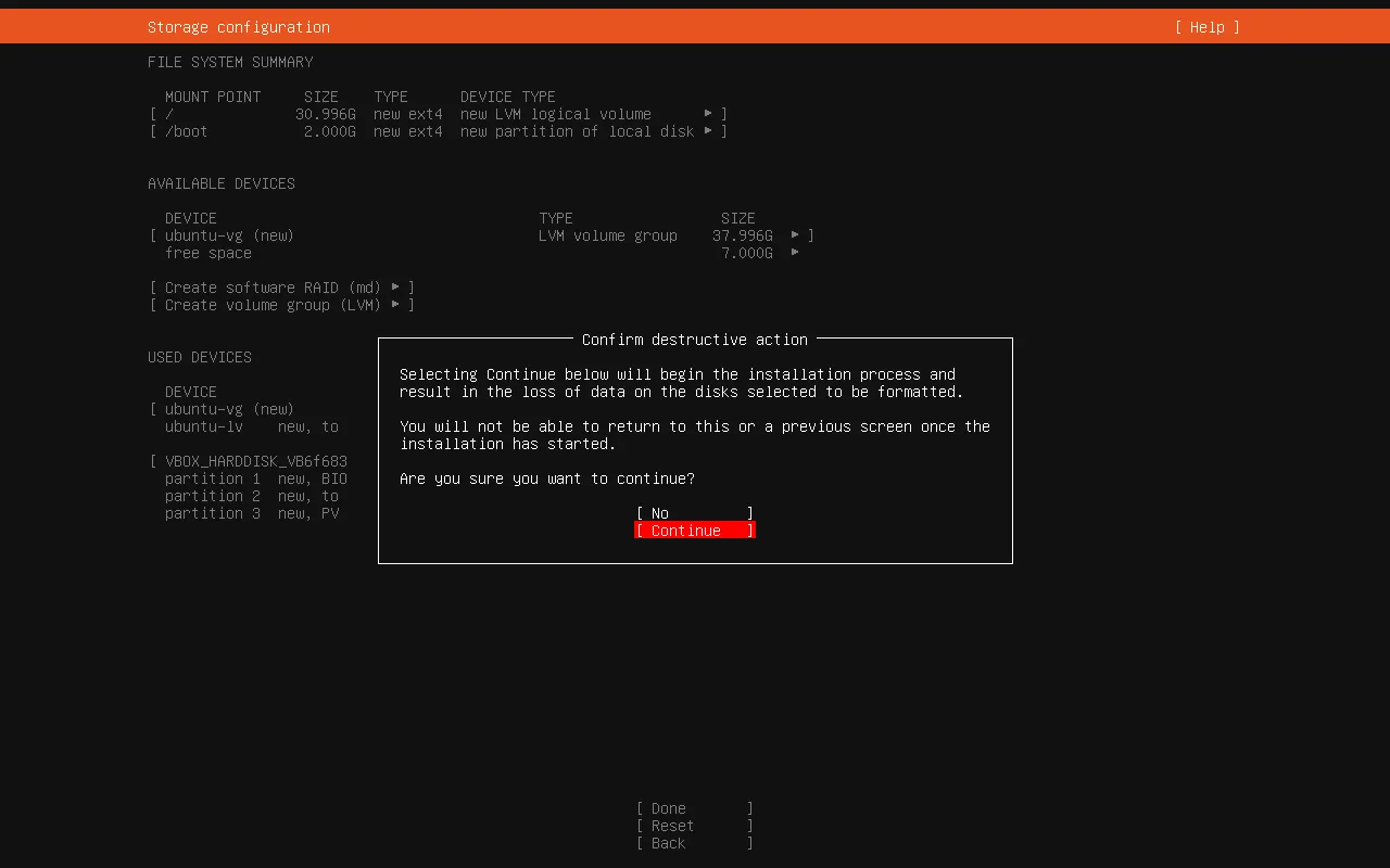 选择“继续将更改写入磁盘” Ubuntu Server 26.04