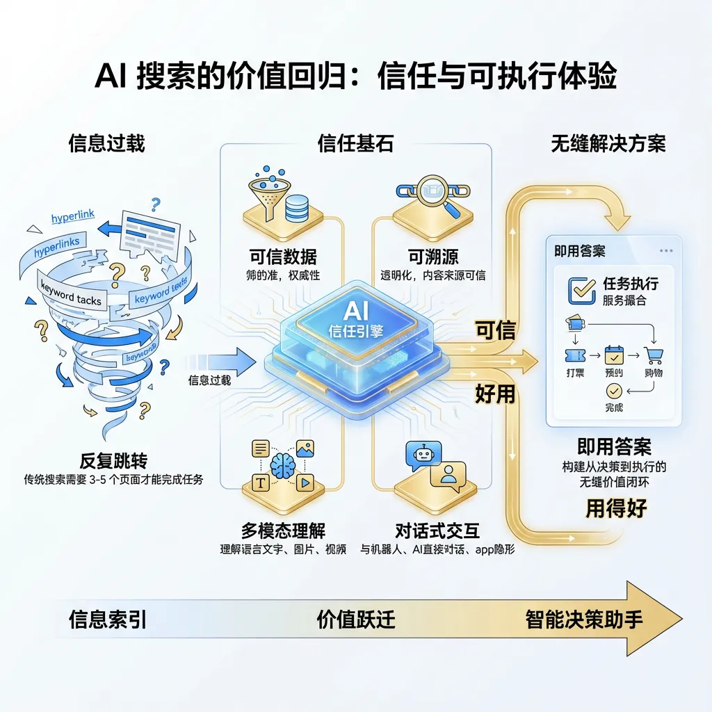  图表二：信息过载时代AI搜索的功能特征和价值迭代 来源：腾讯研究院自研，AI绘制
