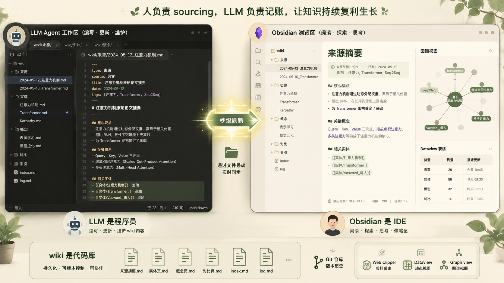 Obsidian 与 LLM 协作画面：左侧 LLM 编辑代码窗口，右侧 Obsidian 实时显示 wiki 页面与图谱