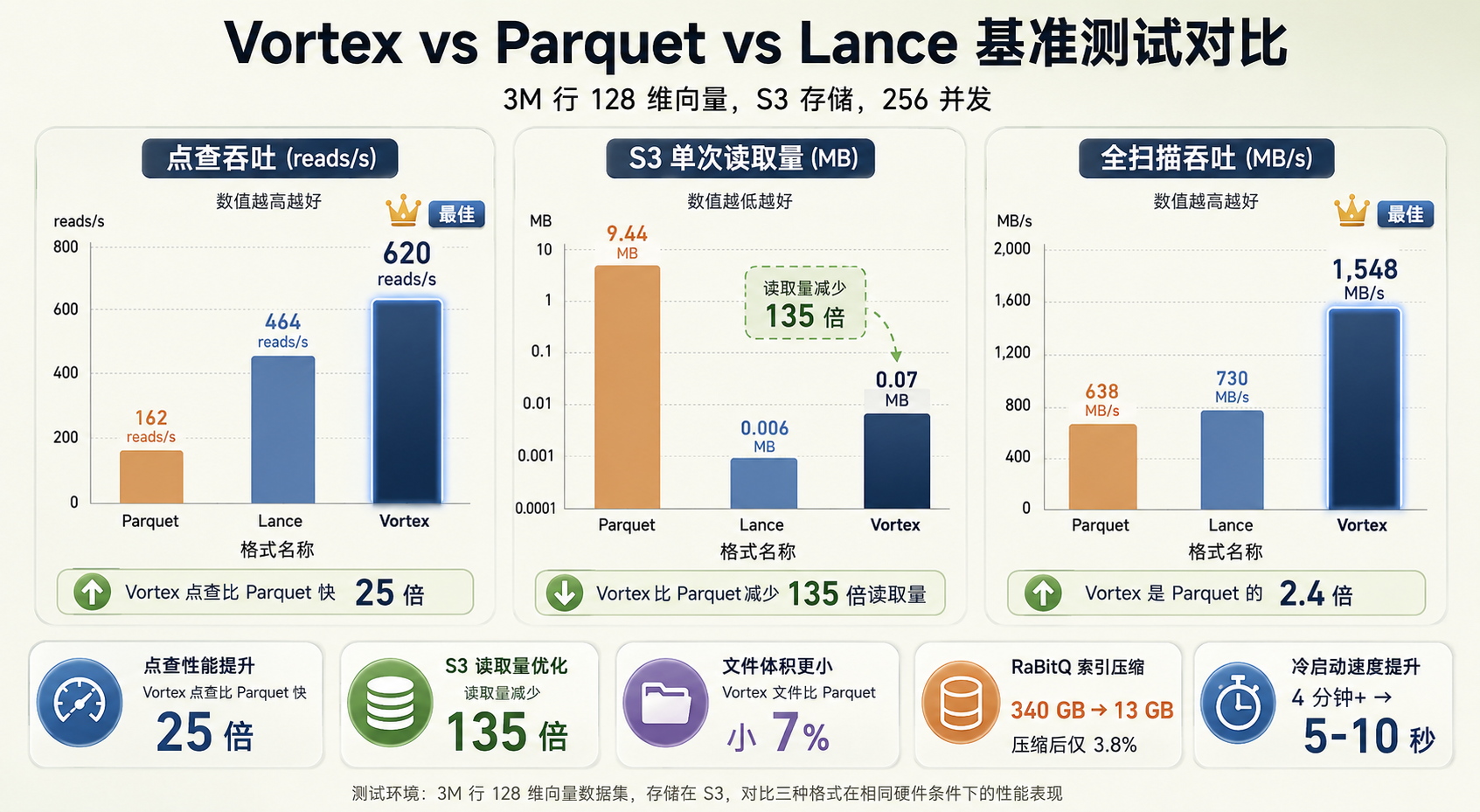 Vortex vs Parquet vs Lance 基准测试对比