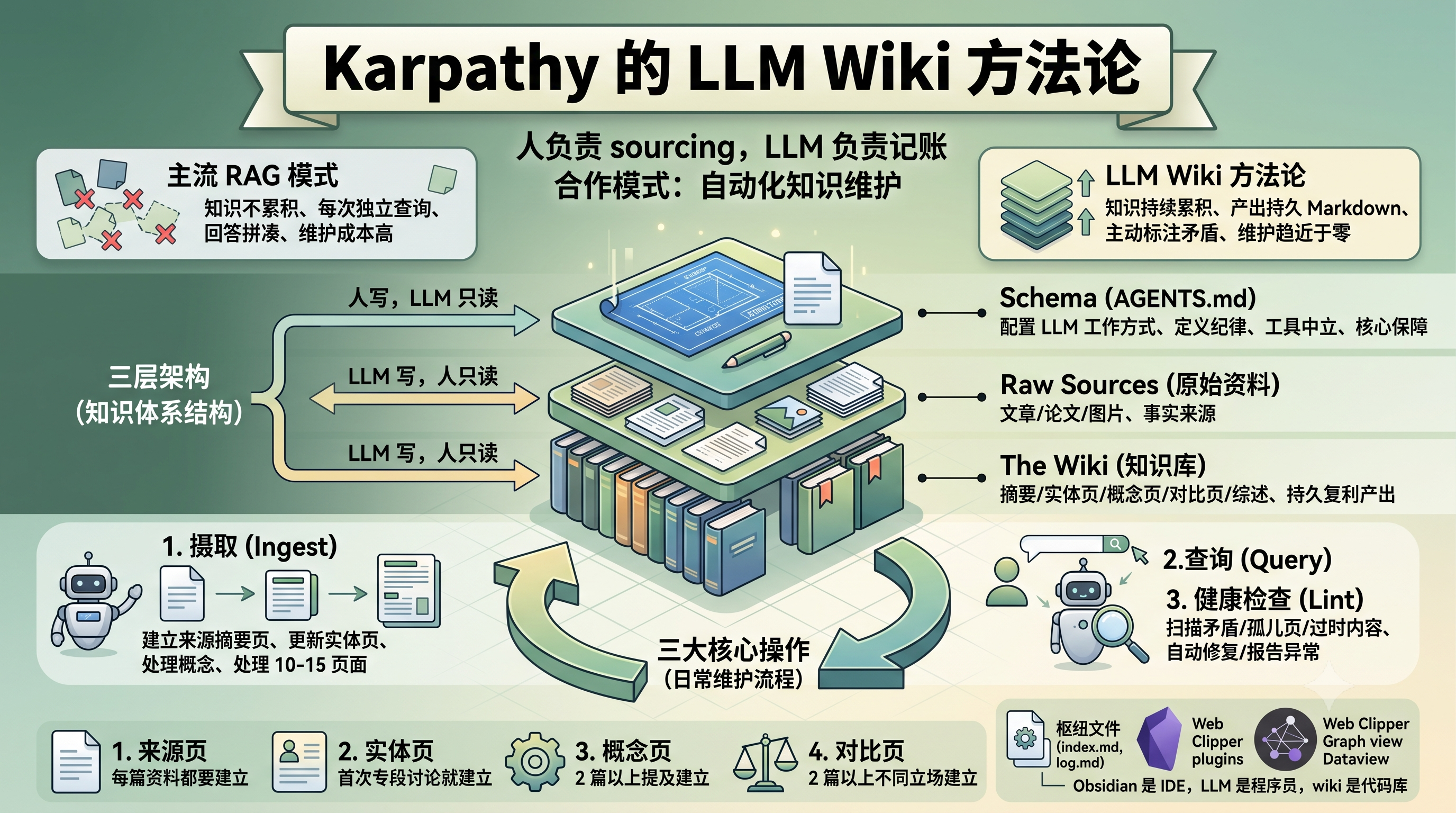 Karpathy LLM Wiki 方法论信息图封面：核心分工、三层架构与三大操作概览