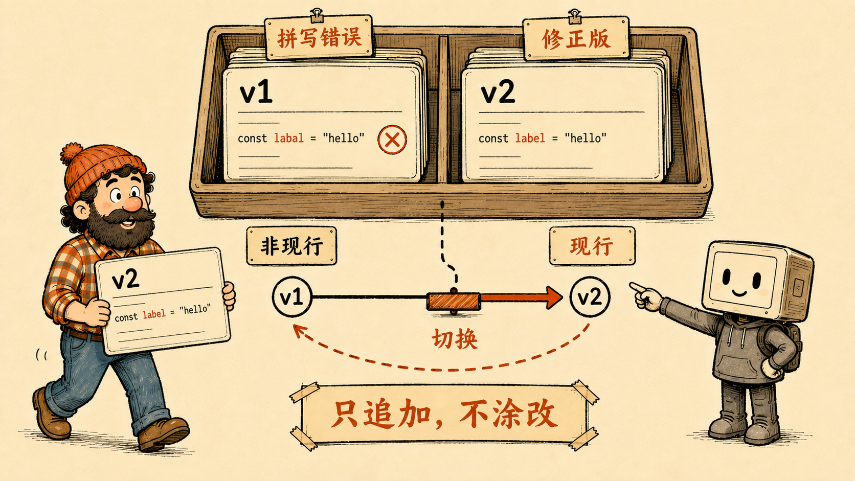 版本切换：v1 不删，指针挪到 v2