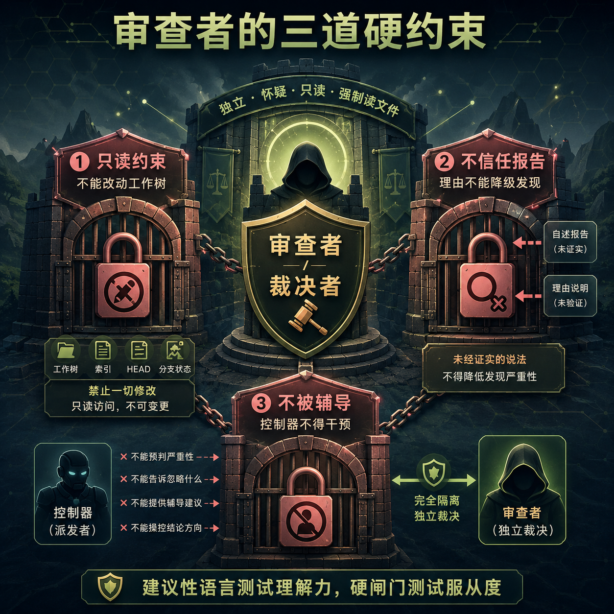 reviewer 的三道约束：只读、不信任报告、不被 controller 辅导