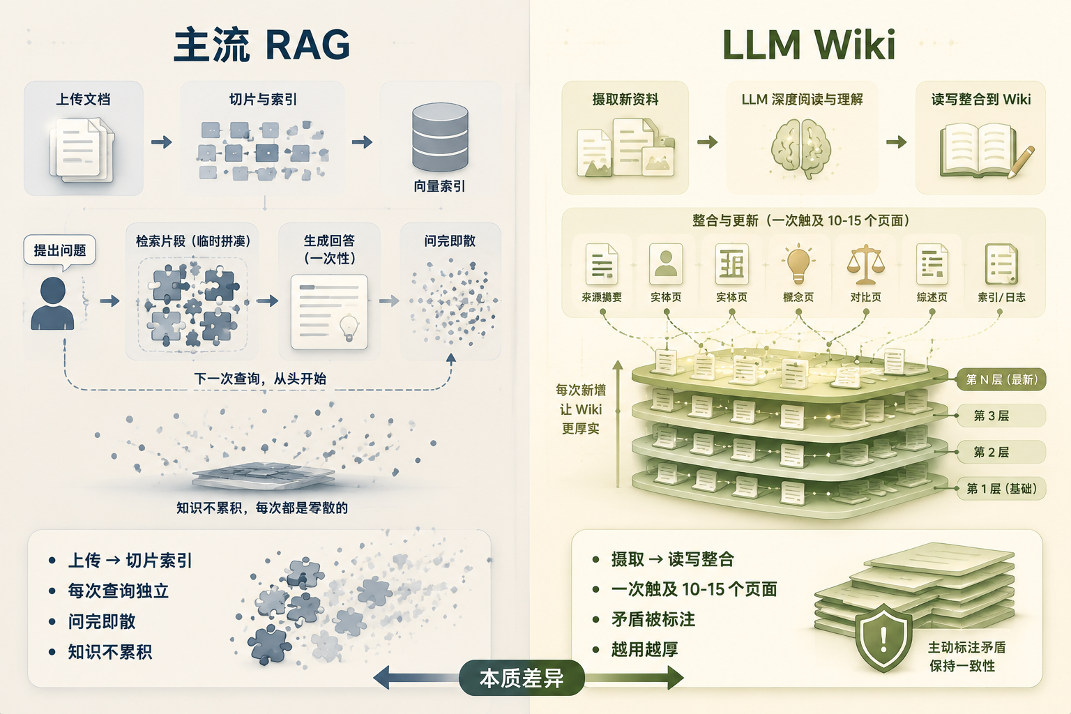 RAG 与 LLM Wiki 累积机制对比：左边问完即散，右边层层累积变厚
