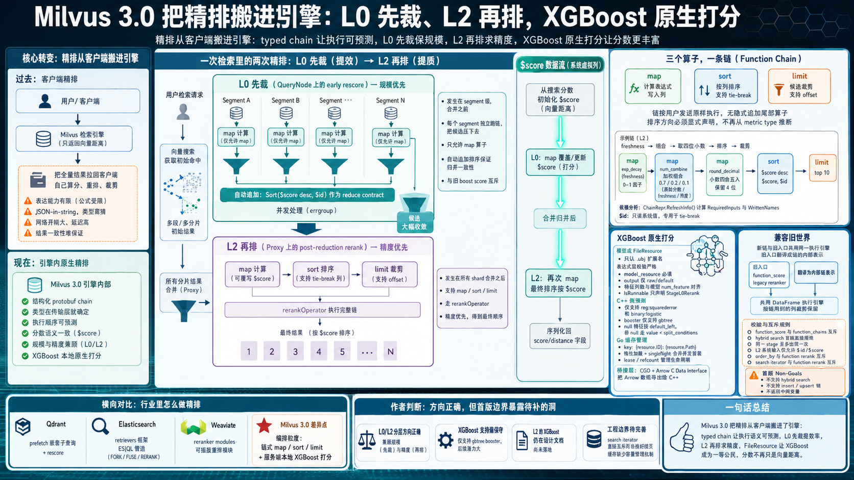 Milvus 3.0 Function Chain 信息图封面：精排搬进引擎