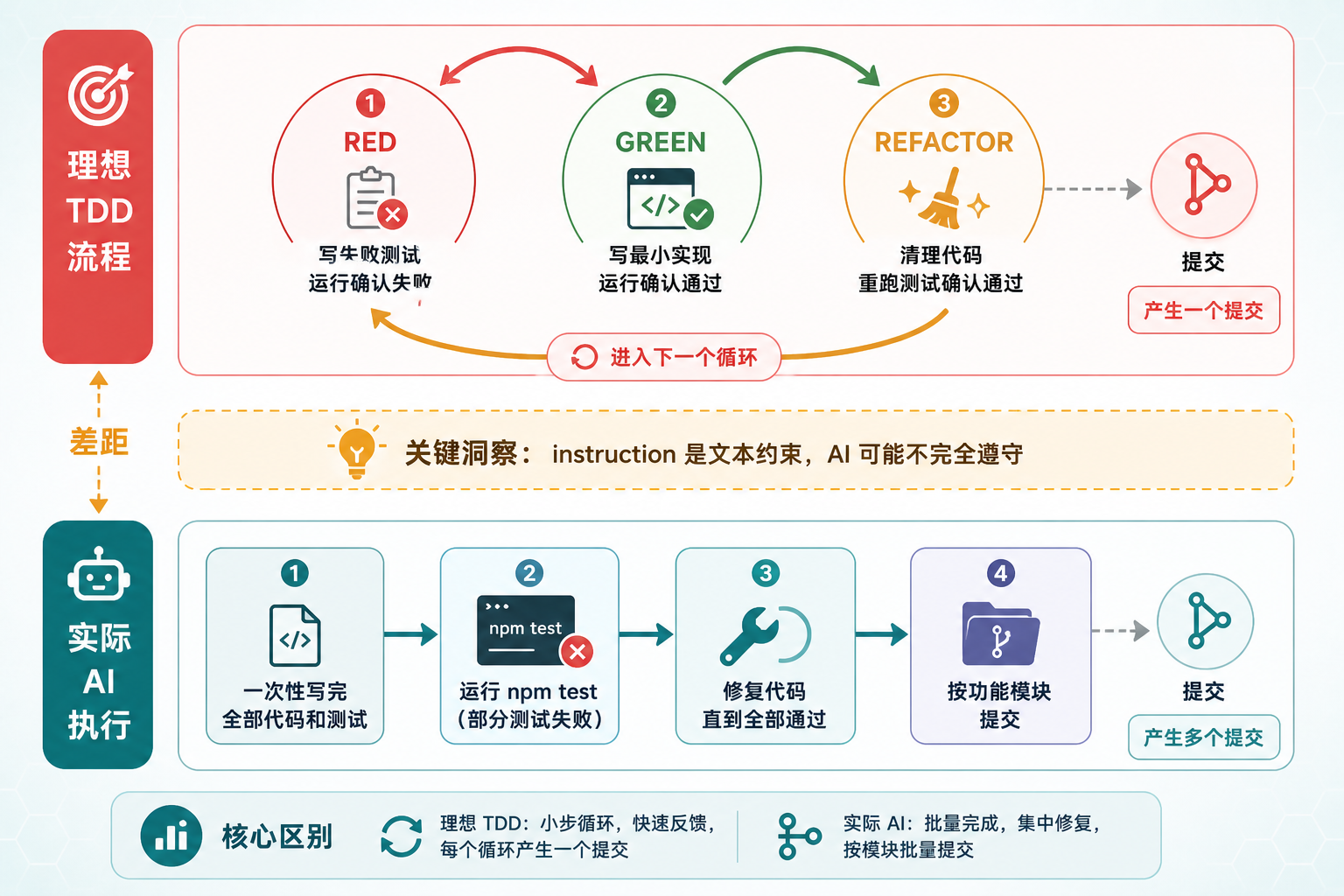 配图：理想 TDD 循环 vs 实际 AI 执行对比