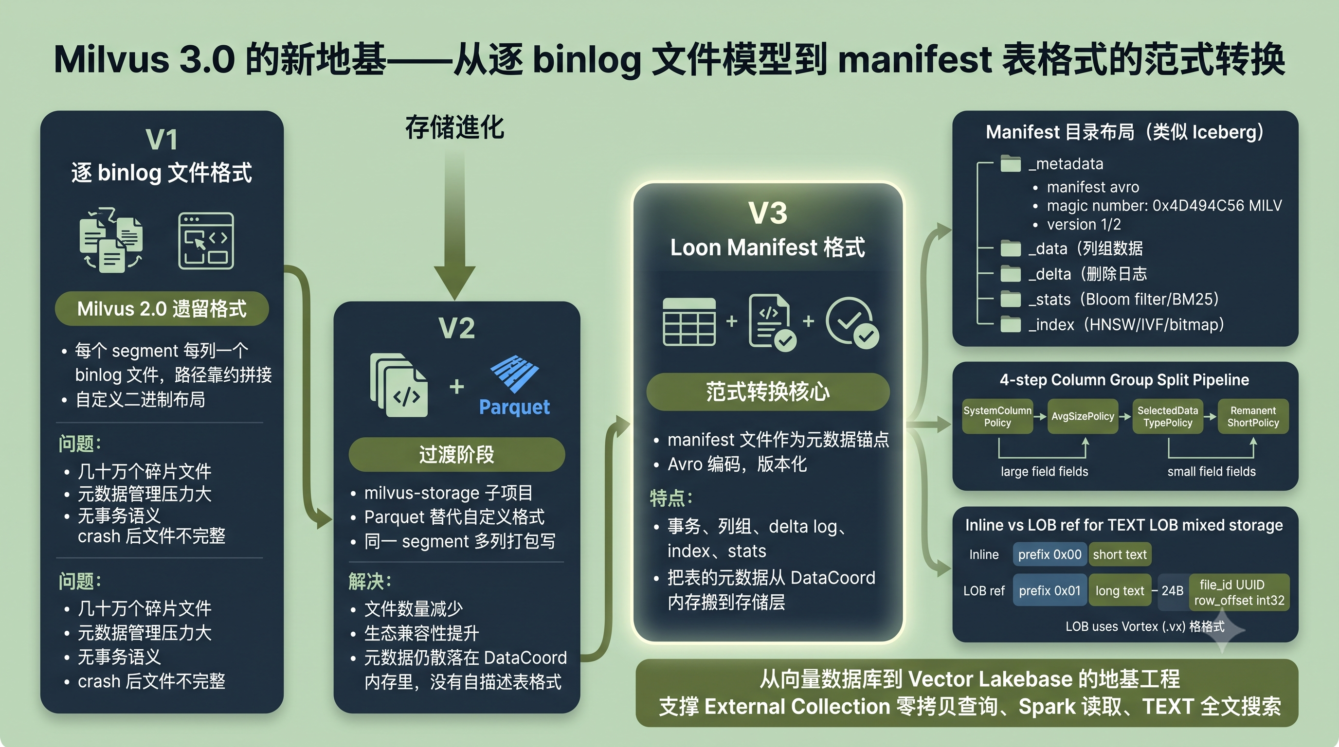 Milvus 3.0 存储层三代演进全景信息图