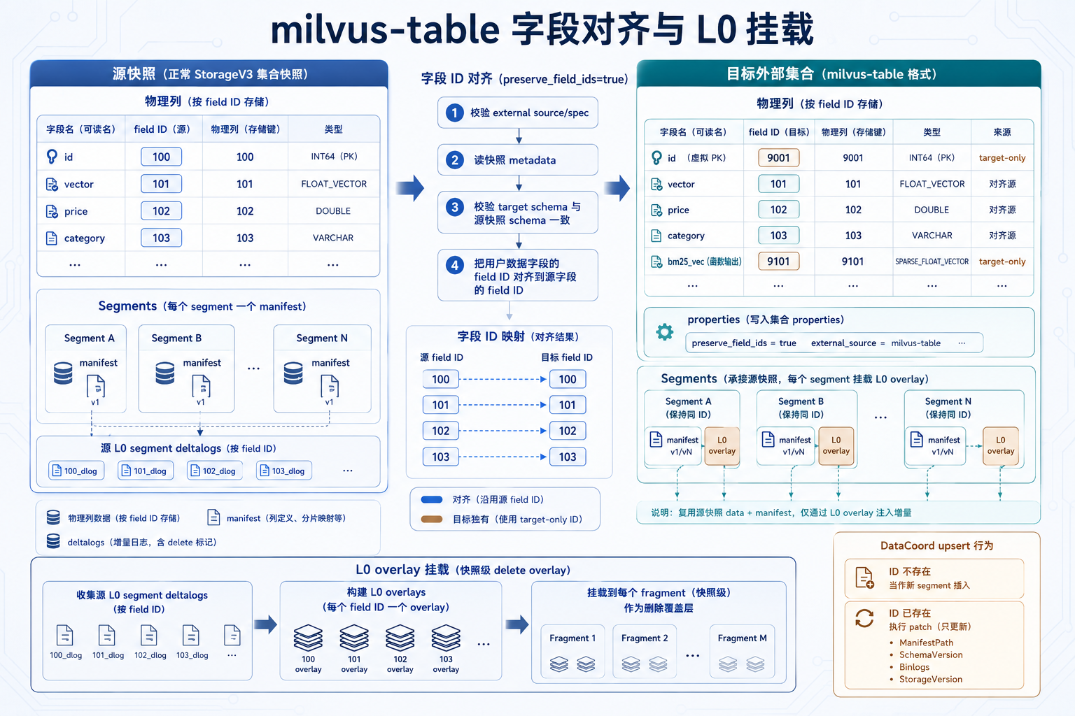 milvus-table 字段 ID 对齐与 L0 overlay 挂载