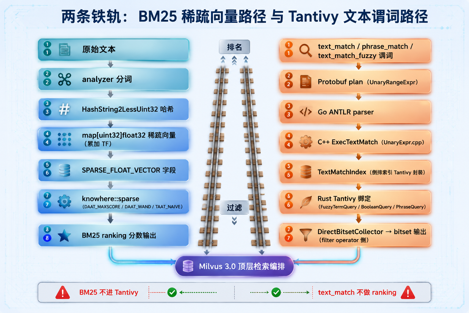 BM25 与 Tantivy 两条平行路径架构图