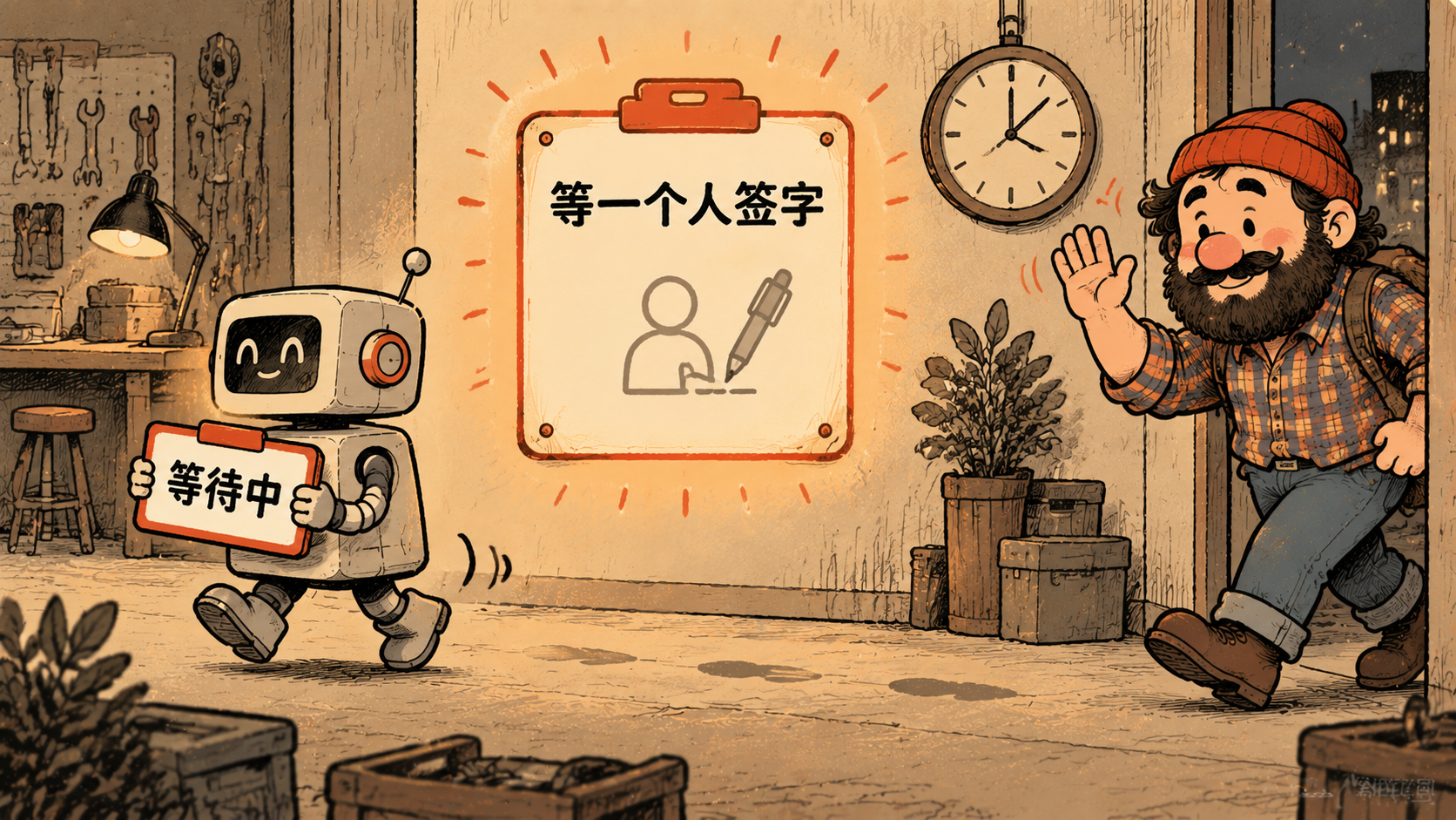 审批是异步的:工具不等,卡片等一个人签字