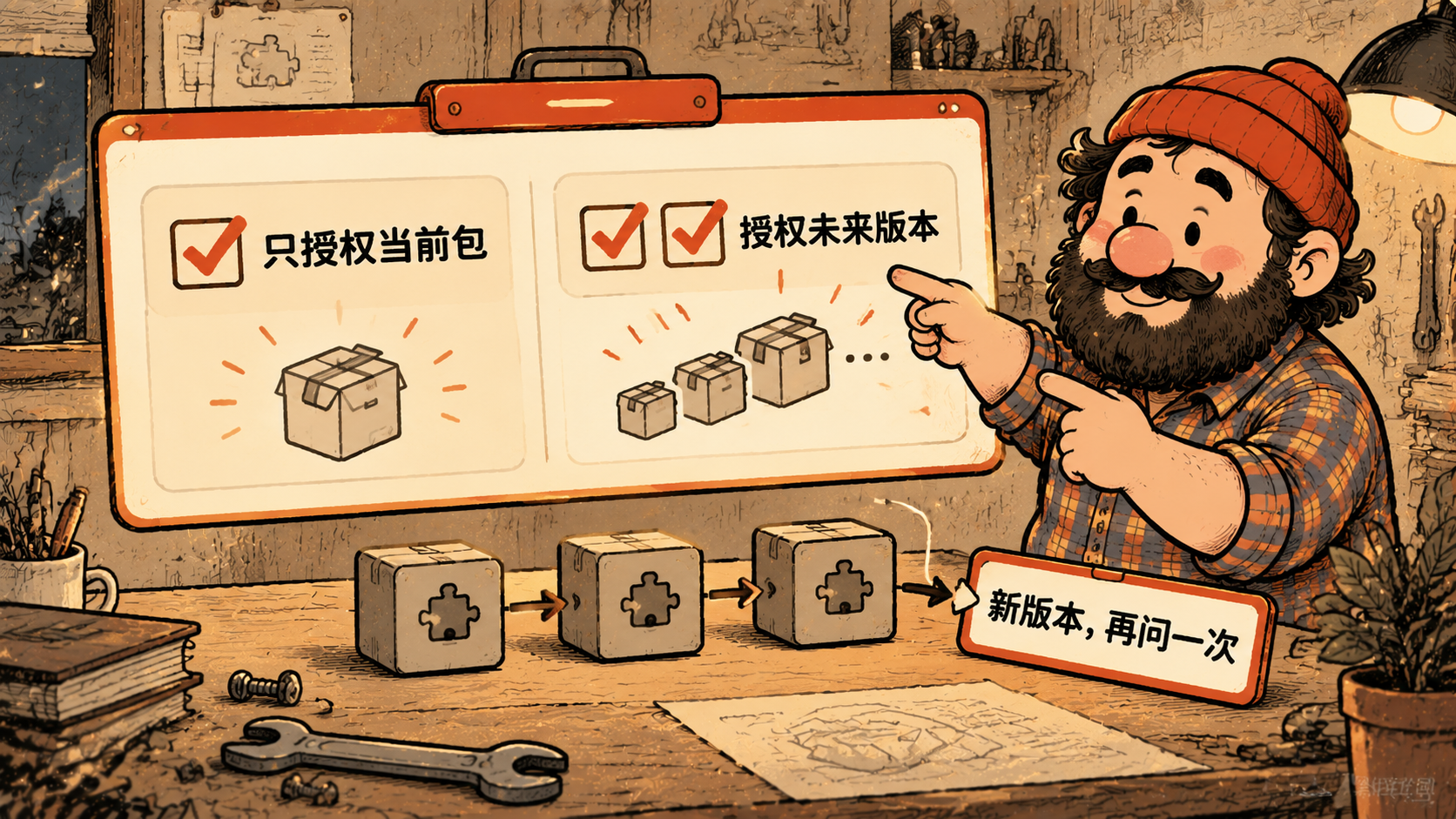 单勾只授权当前包,双勾授权未来版本