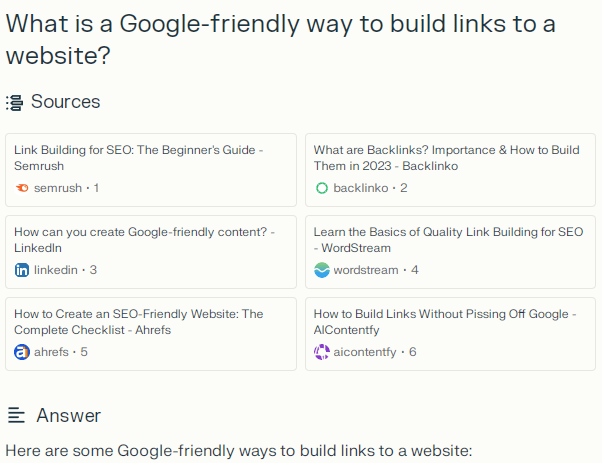 Perplexity.ai answers to "What is a google-friendly way to build links to a website"
