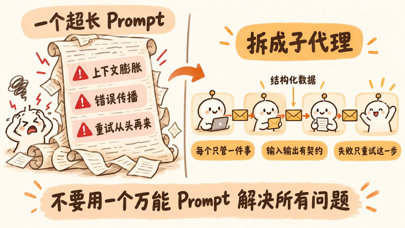 示意图：一个超长 Prompt 与拆成子代理的对比