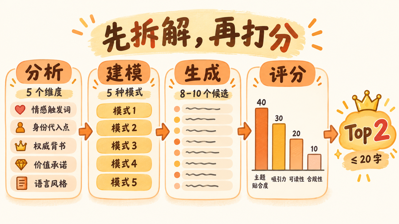 示意图：爆款标题生成器的分析、建模、生成、评分四个阶段与评分权重