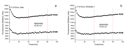 图2. Hela（a）和RAW264.7（b）使用优化前后试剂盒检测的实时荧光曲线对比