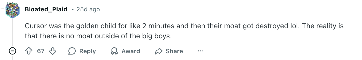 网友评论：Cursor护城河其实非常脆弱