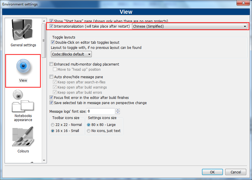 设置 CodeBlocks 的对话框
