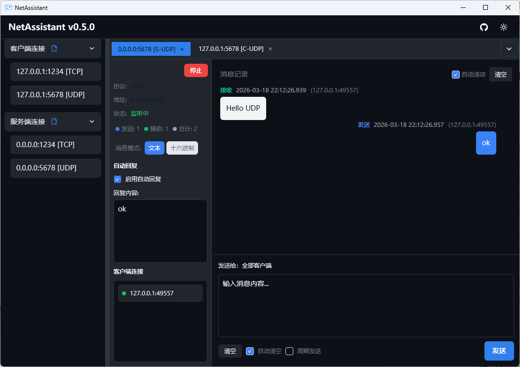 UDP 服务端暗黑模式截图