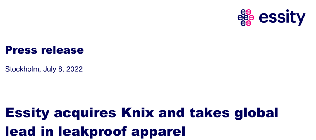 Essity在2022年公开的Knix收购公告标题和日期