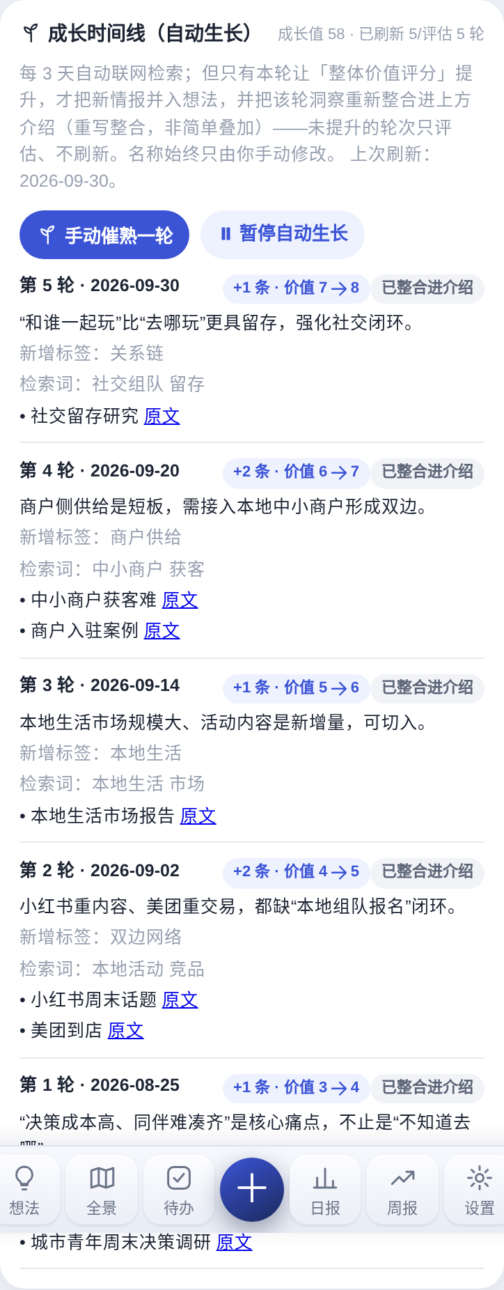 成长时间线：5 轮生长，整体价值 3→8 递增，每轮洞察、新增标签、情报原文与整合状态