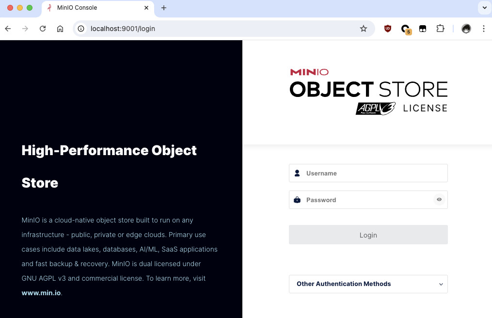 MinIO 控制面板登录界面