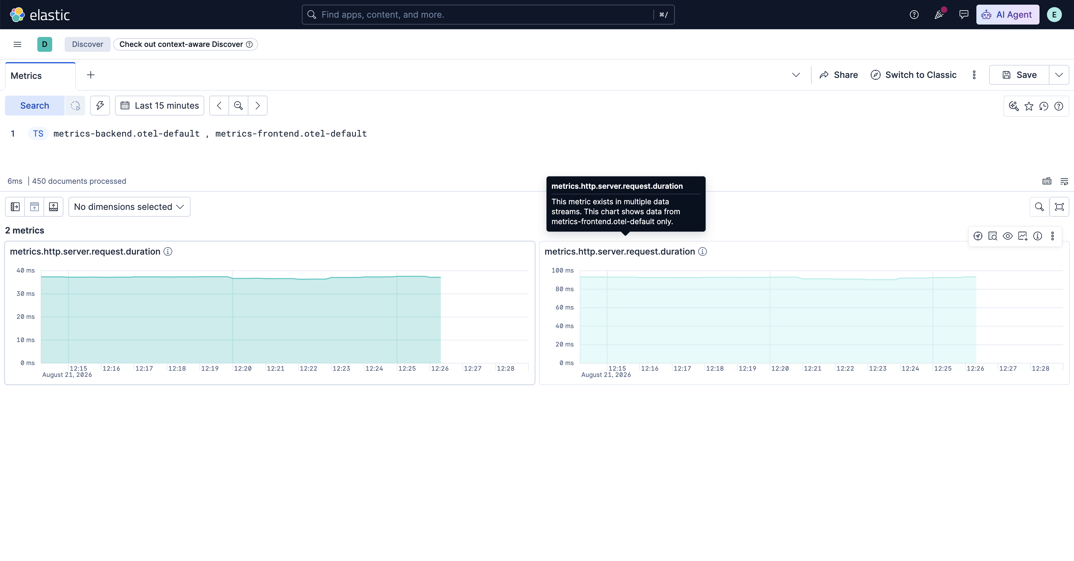 Kibana Discover 指标显示同一指标的两个面板,每个数据流一个,并带有重复警告副标题