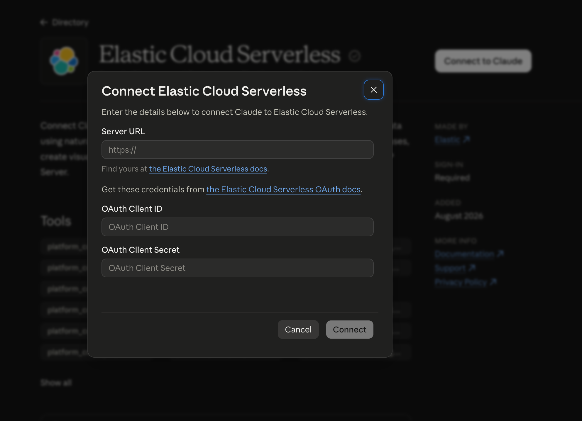 修复后的 MCP 连接器表单提示输入服务器 URL、OAuth client ID 和 secret，并带有指向 Elastic OAuth 文档的链接