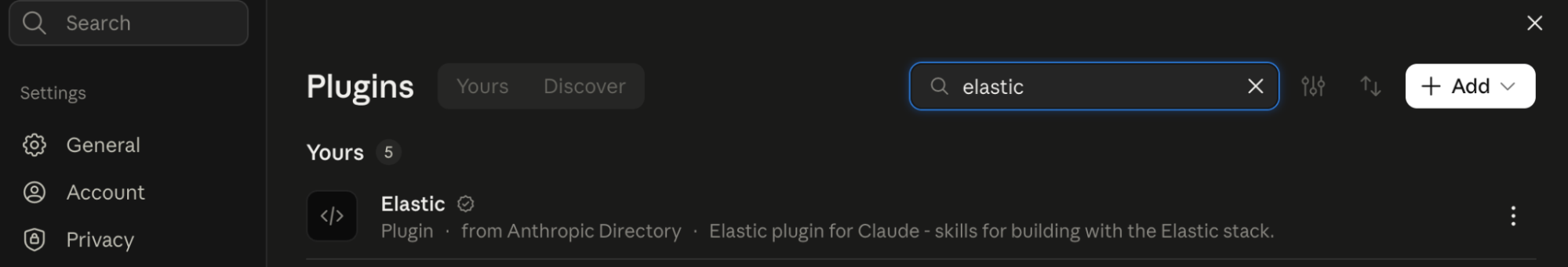 Elastic 插件出现在 Claude 应用的插件设置中,通过搜索 Anthropic 目录中的 elastic 找到