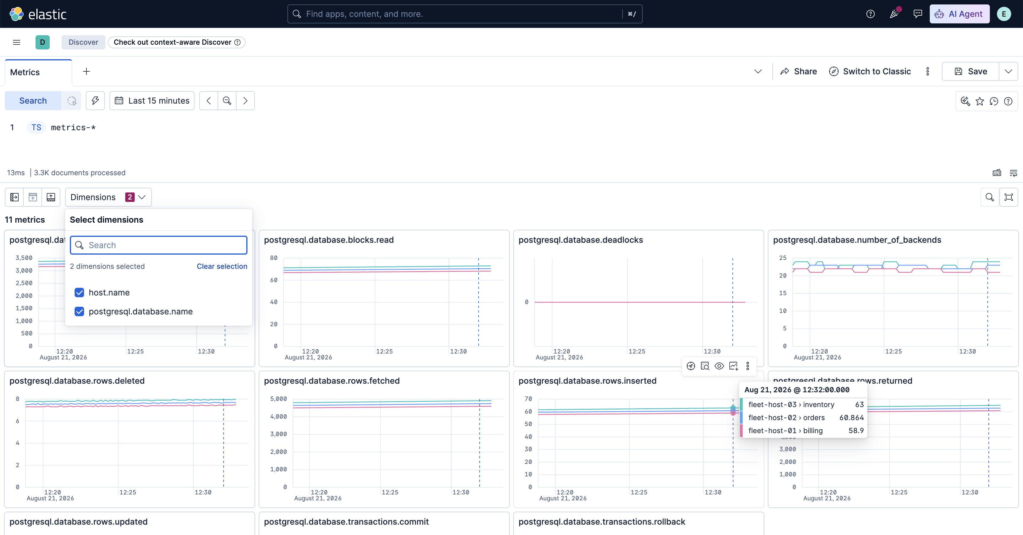 Kibana Discover 指标体验中的维度下拉菜单,按 host.name 过滤清单并拆分图表