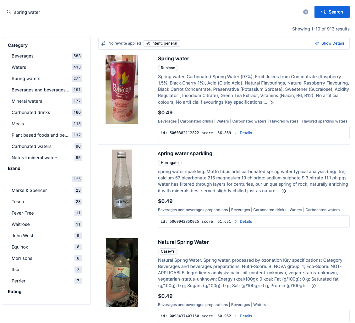 网页显示“spring water”的搜索结果，包括搜索栏、类别和品牌过滤器，以及三个产品列表，其中包含品牌、成分和价格等详细信息。