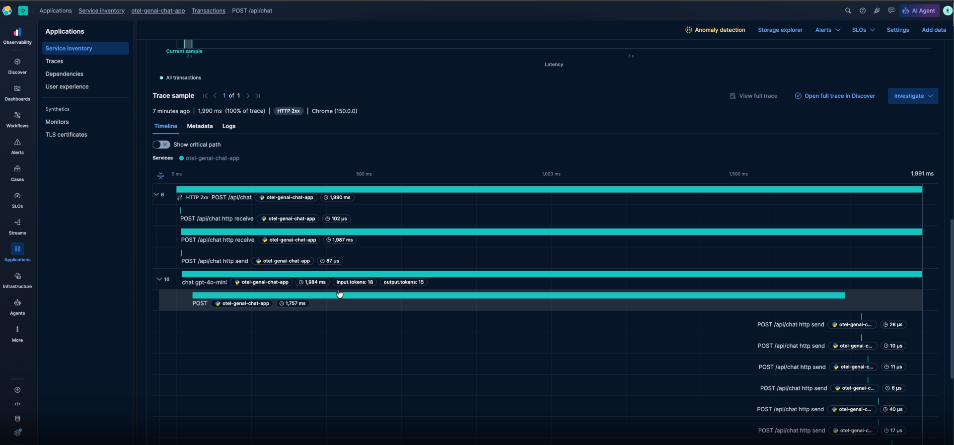带有 GenAI span token 计数的 trace 瀑布图