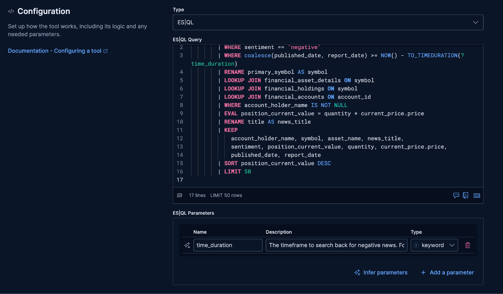 使用 ESQL 查询配置工具，包括其逻辑和任何所需参数。