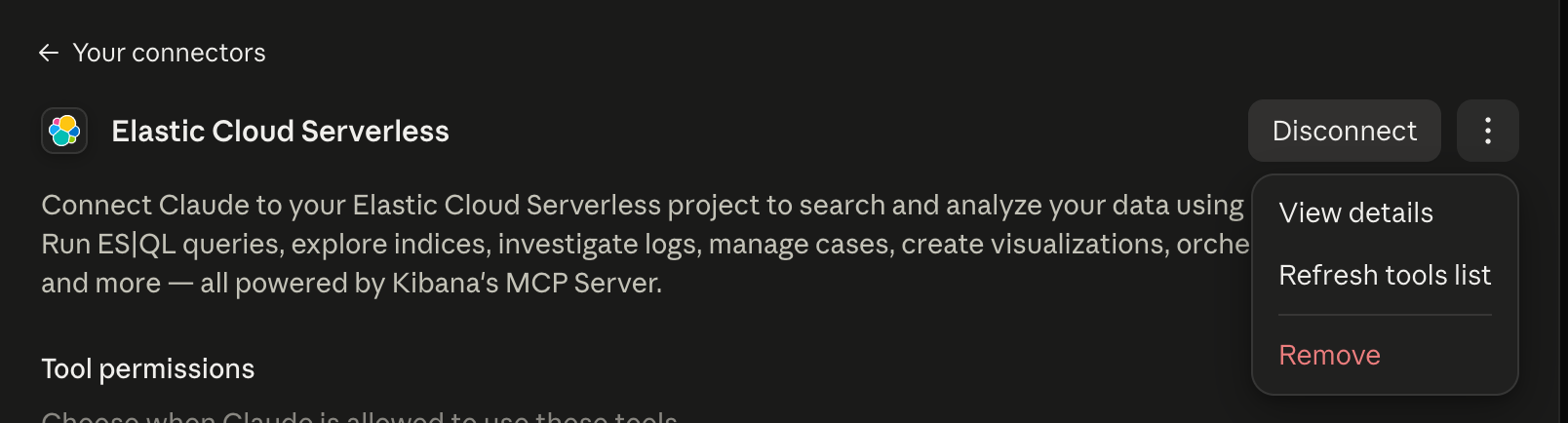 Claude 中已连接的 Elastic Cloud Serverless MCP 连接器，仅提供查看详情、刷新工具和移除选项