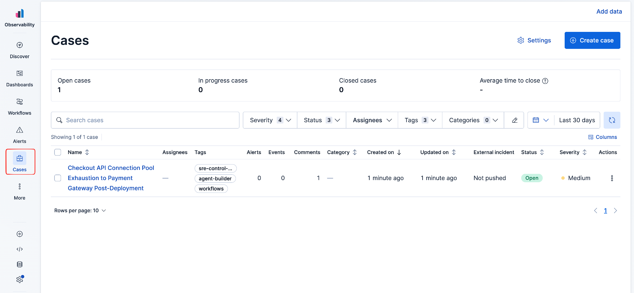 Observability 工单列表，显示一个由工作流创建的已打开工单