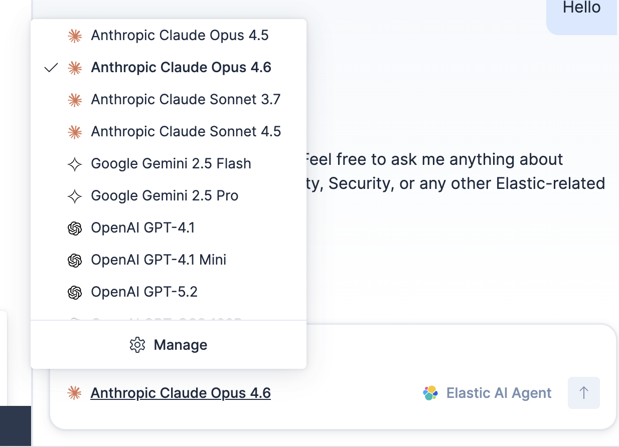下拉菜单显示多个来自 Anthropic、Google 和 OpenAI 的 AI 模型选项,其中选择了“Anthropic Claude Opus 4.6”,并显示在 Elastic 界面旁边。