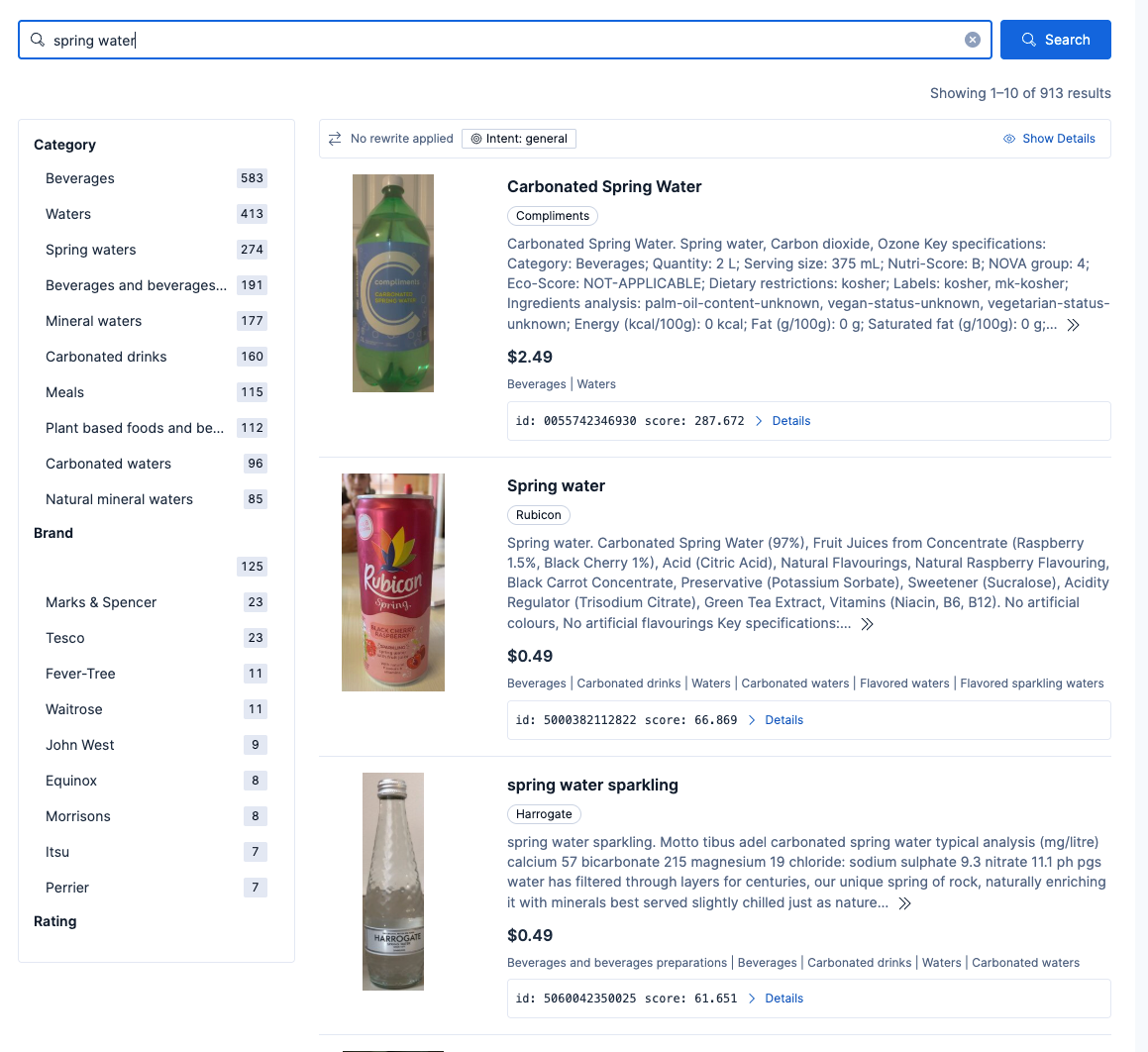 网页显示“spring water”的搜索结果，列出了产品详情、价格以及饮料和品牌的筛选类别。