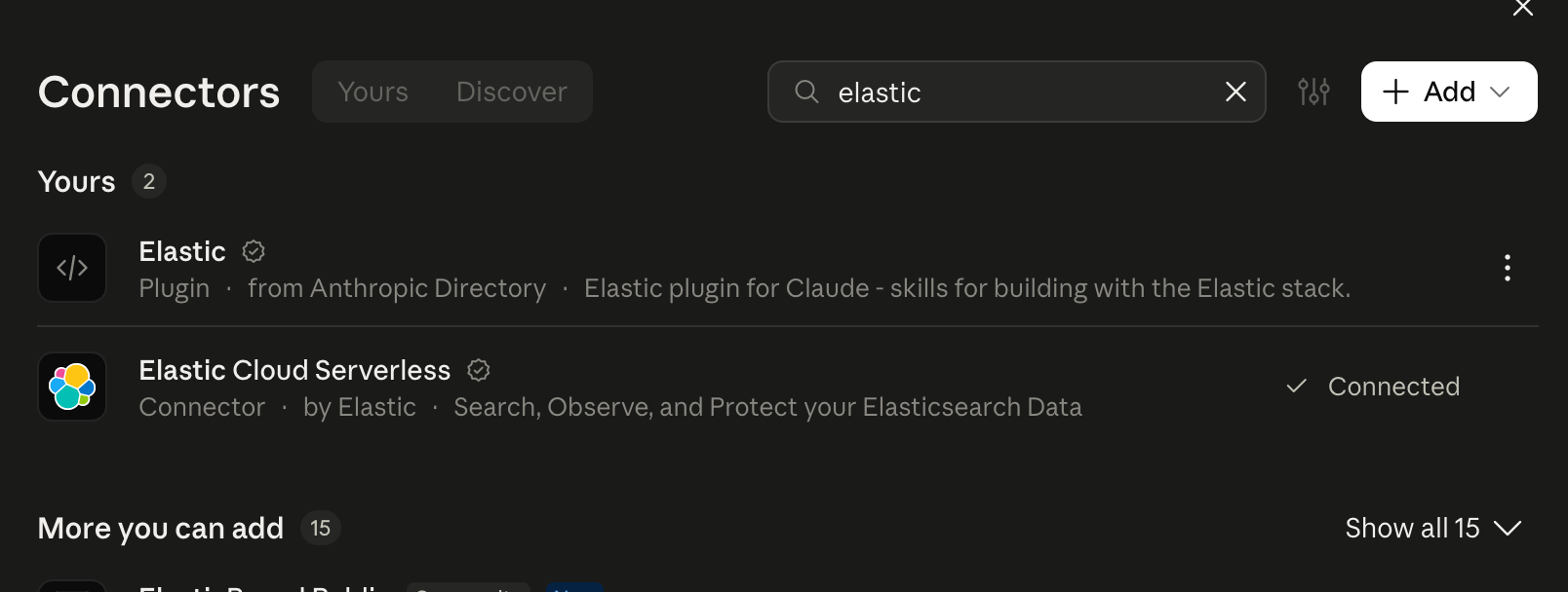 Claude 连接器目录显示已验证的 Elastic Cloud Serverless MCP 连接器和 Elastic 插件