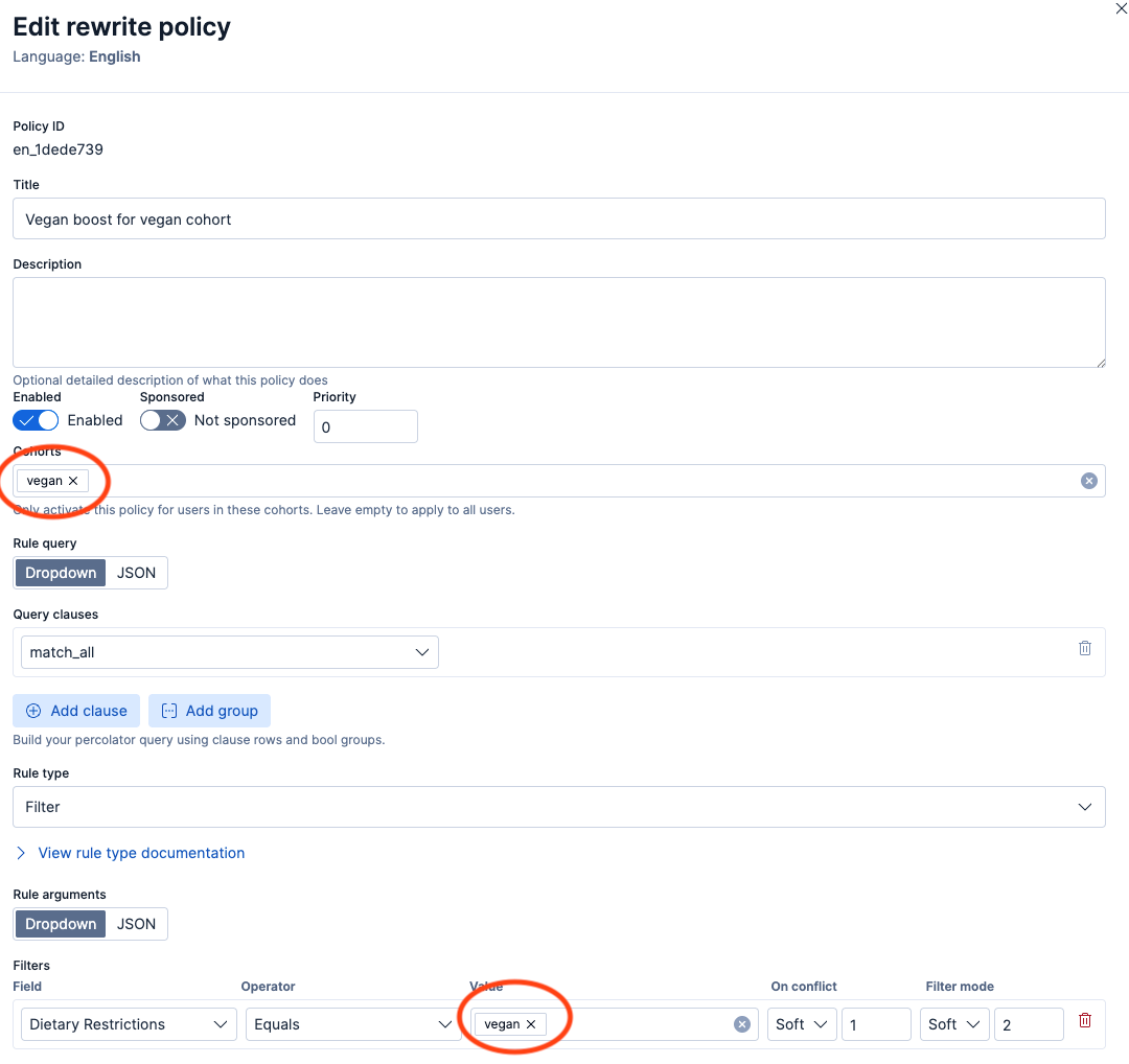 名为“Edit rewrite policy”的网页界面显示了策略 ID、标题、描述、群组选择、规则查询选项、规则类型、过滤器设置等字段，重点关注包含“vegan”的群组和值为“vegan”的选项。